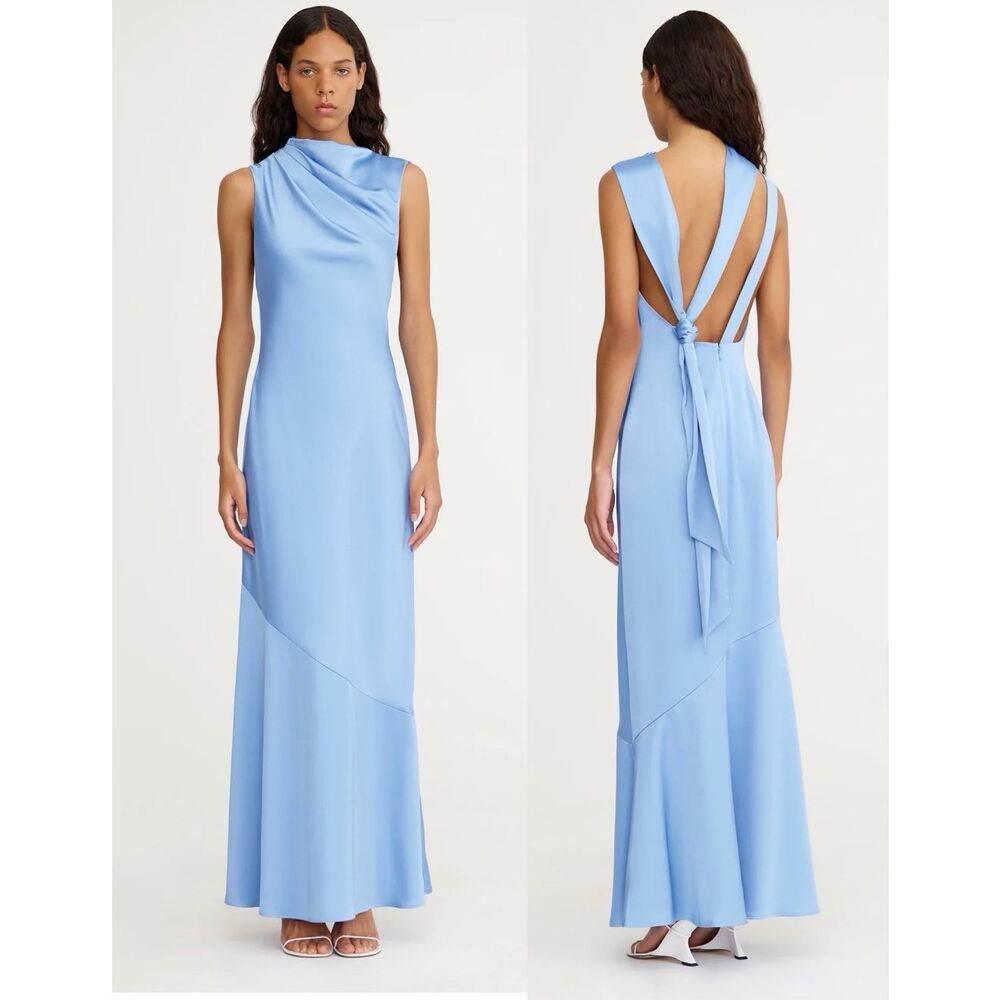 Significant Other Lana Cowl-Neck Tie Back Satin Maxi Dress in Sky Blue 6